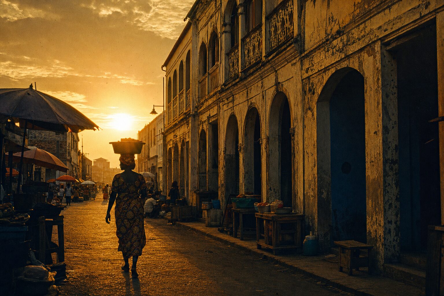 Warm golden-hour Accra street scene