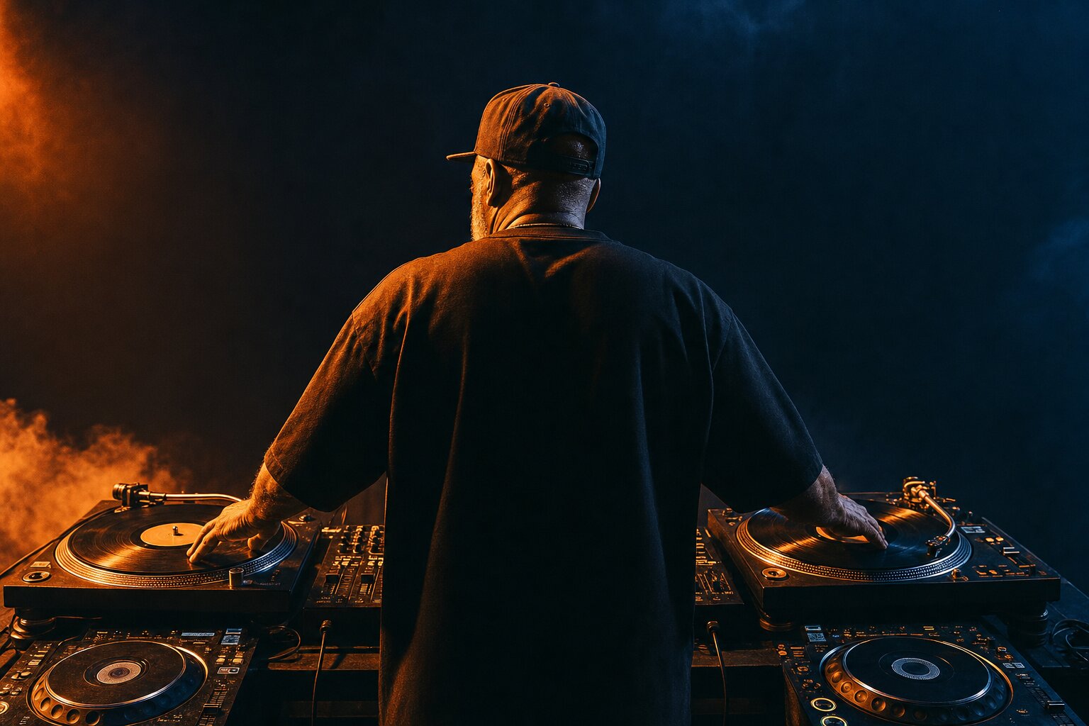 DJ silhouetted at professional turntables under warm stage light